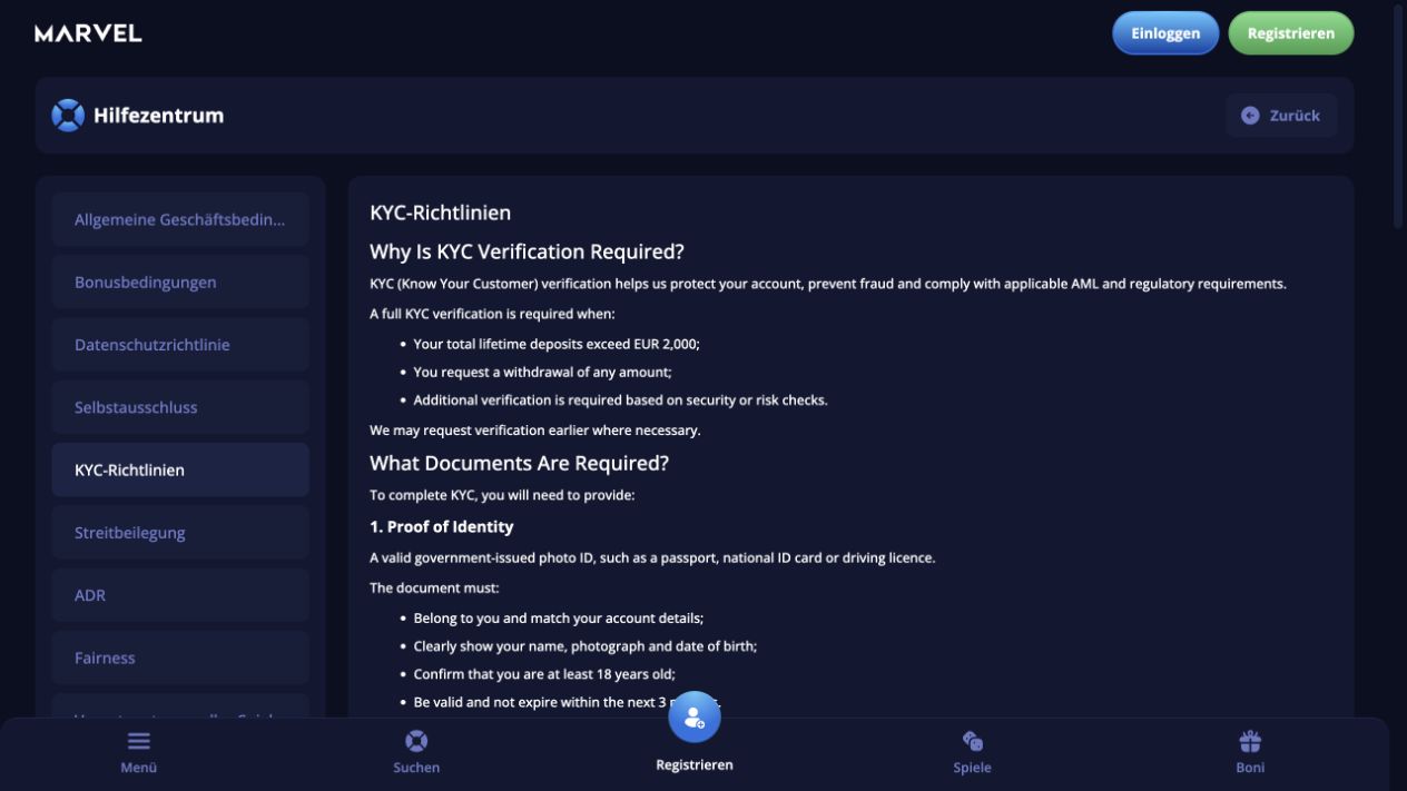 Öffentliche Marvel-Casino-KYC-Richtlinie